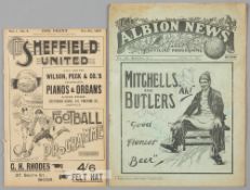 Two Sheffield United programmes, an away FL Division One fixture at WBA 12th October 1912, writing;