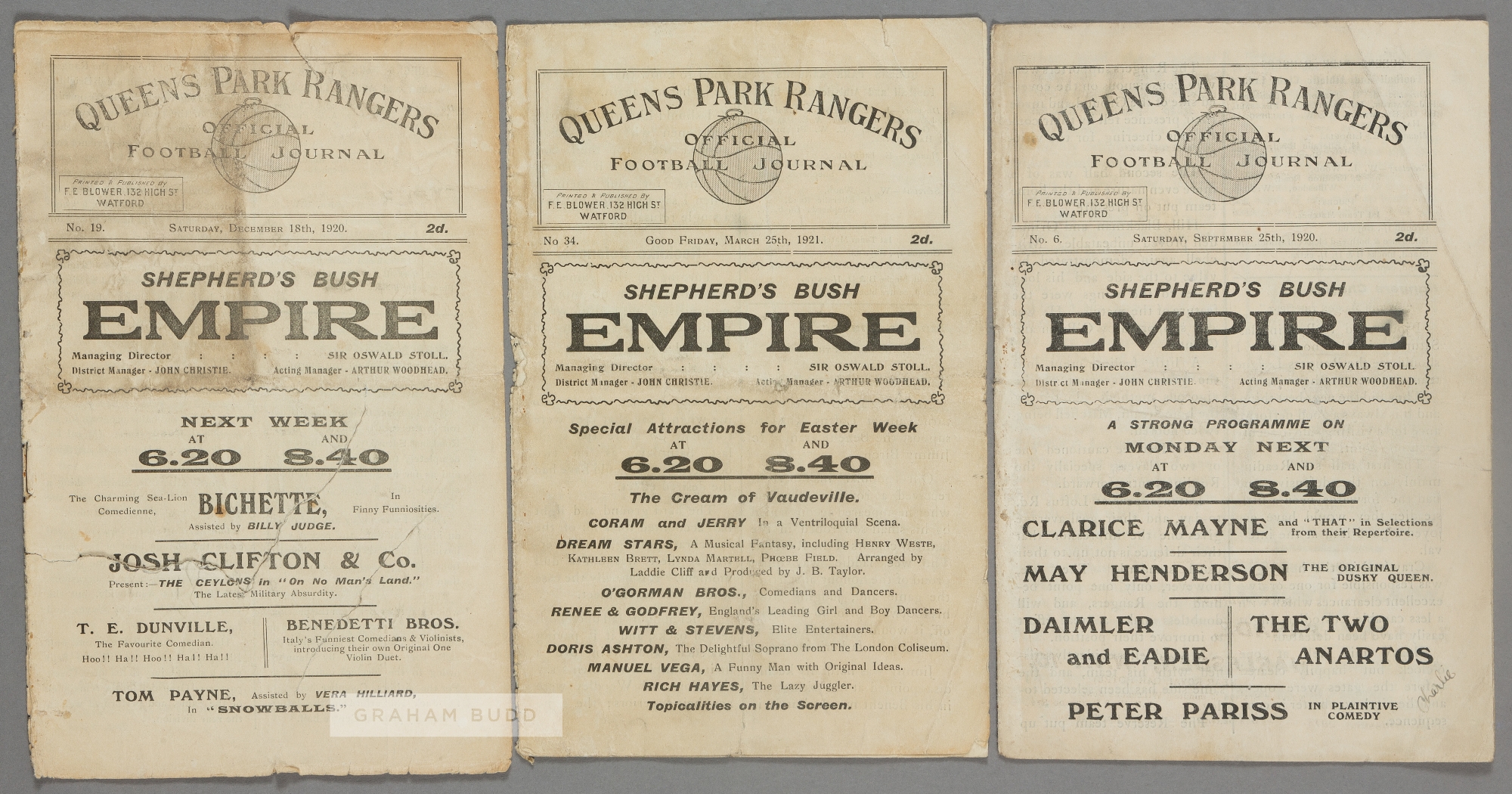 Two QPR home programmes from the first season in the Football League 1920-21, F.L. Division Three v