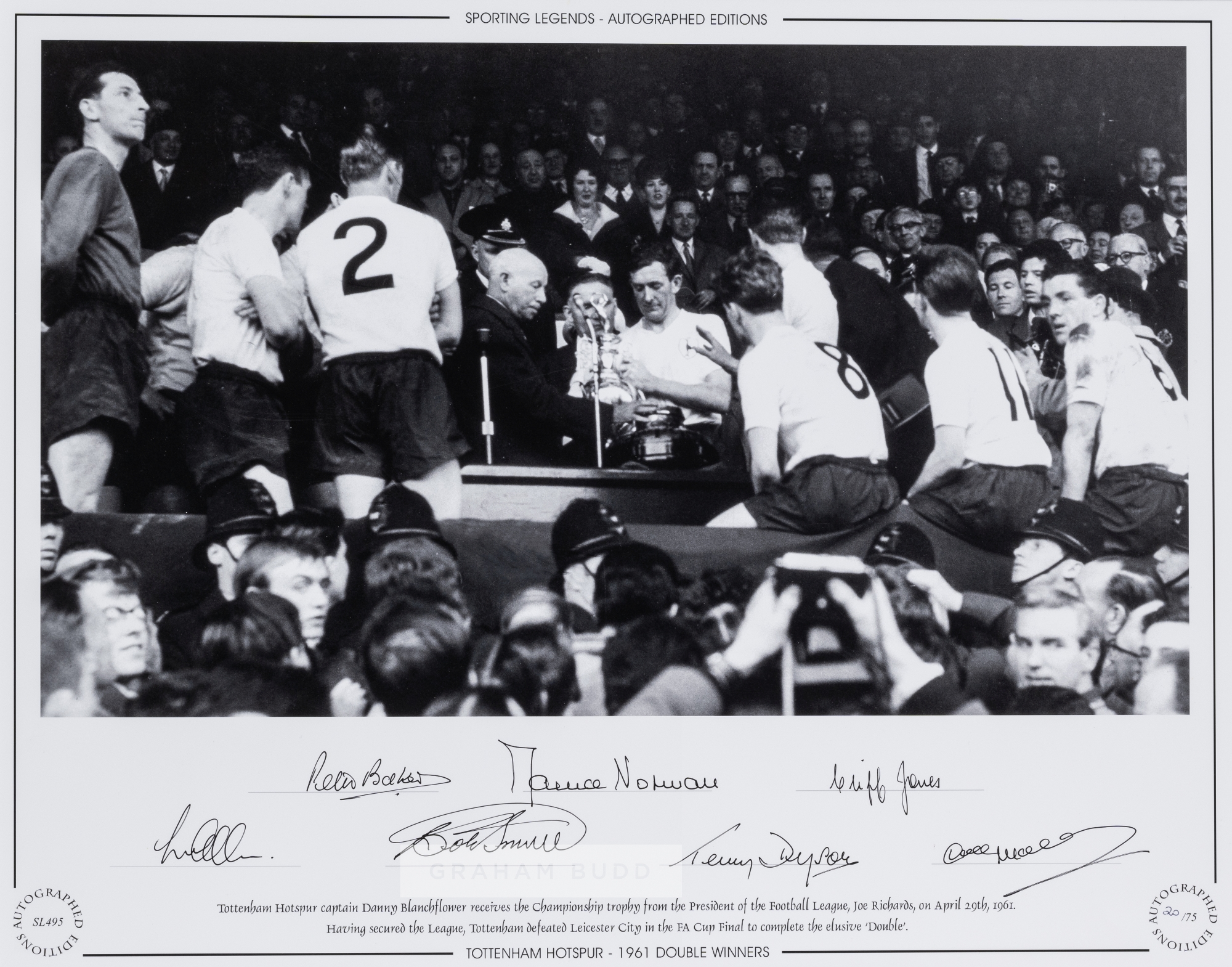 Sporting Legends Tottenham Hotspur 1961 Double Winners signed b & w photographic print, featuring