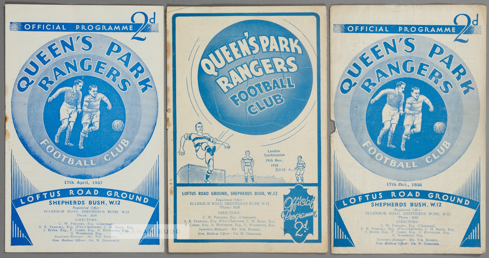 Three QPR reserves home programmes, London Combination v Arsenal 19th December 1936, Fulham 17th