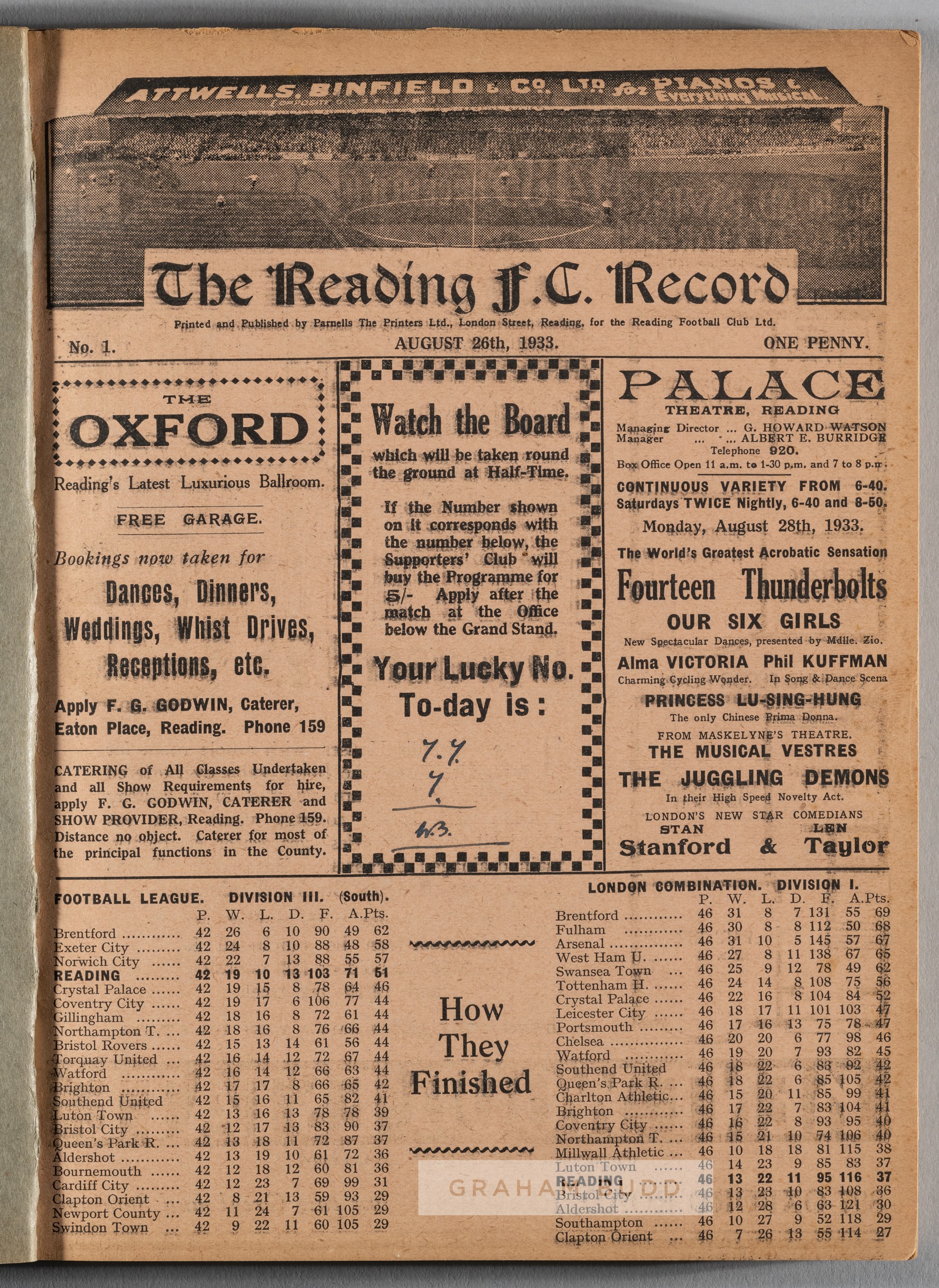 Bound volume of Reading FC home programmes season 1933-34, comprising first team (Football League