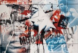 A large German print on canvas featuring and signed by Muhammad Ali and his daughter Laila Ali,