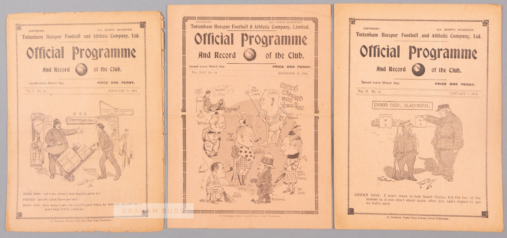Three Tottenham Hotspur home programmes, v Burnley 20th February 1909 (FA Cup 3rd), Everton 8th
