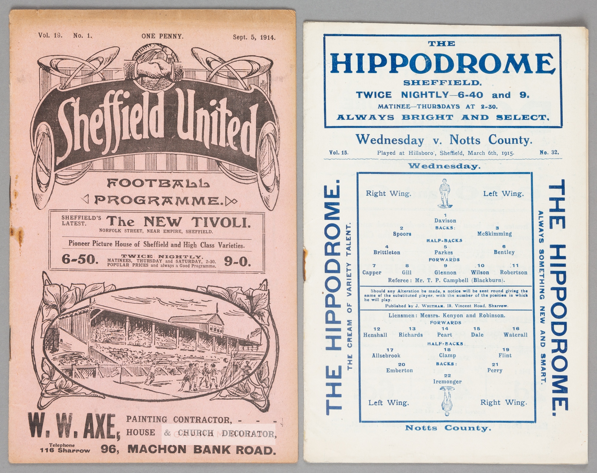 Two programmes for The [Sheffield] Wednesday in season 1914-15, F.L. Division One fixtures, away at