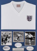 Nat Lofthouse, Jimmy Greaves and Tom Finney England display, featuring a white Toffs England replica