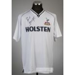 Paul Gascoigne signed white Tottenham Hotspur retro jersey, circa 1991, Score Draw, short-sleeved