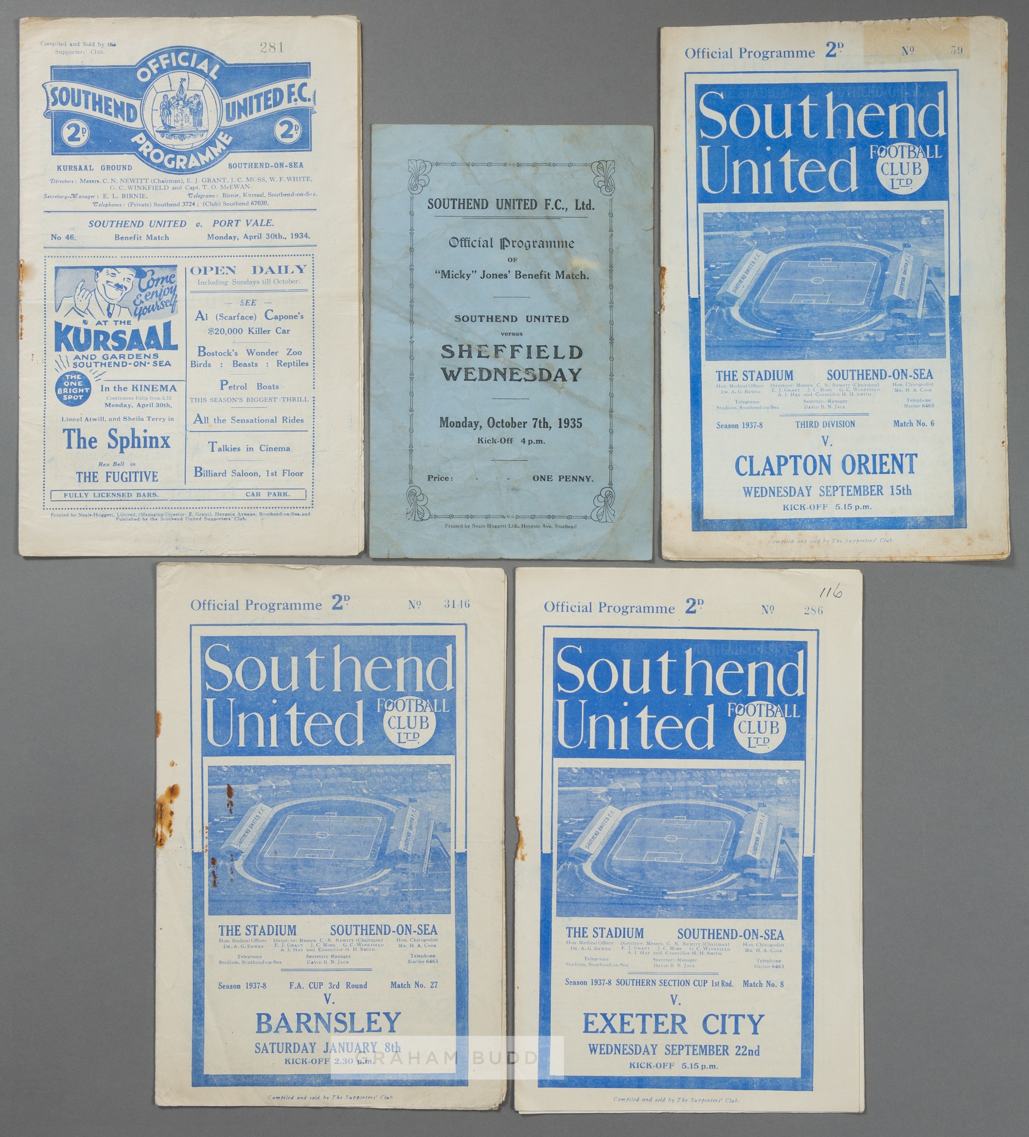 Five Southend United 1930s home programmes, v Port Vale 30th April 1934 (Dave Robinson Benefit