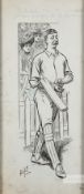 Original pen and ink drawing of a Cricketer, circa 1930s, depicting a cricketer with bat and crowd