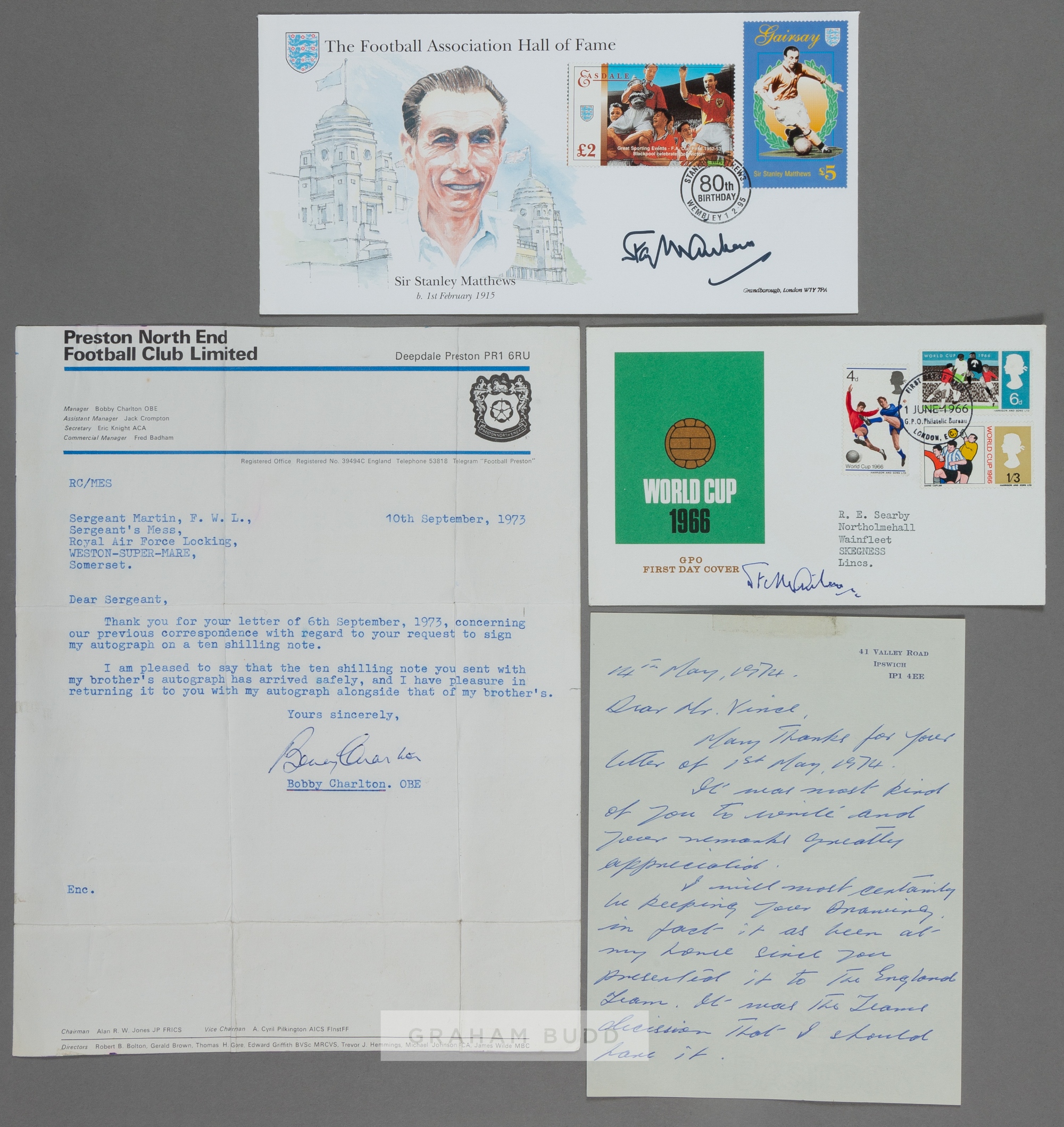 Autographed Alf Ramsey and Bobby Charlton letters, the Ramsey letter on his personal headed paper