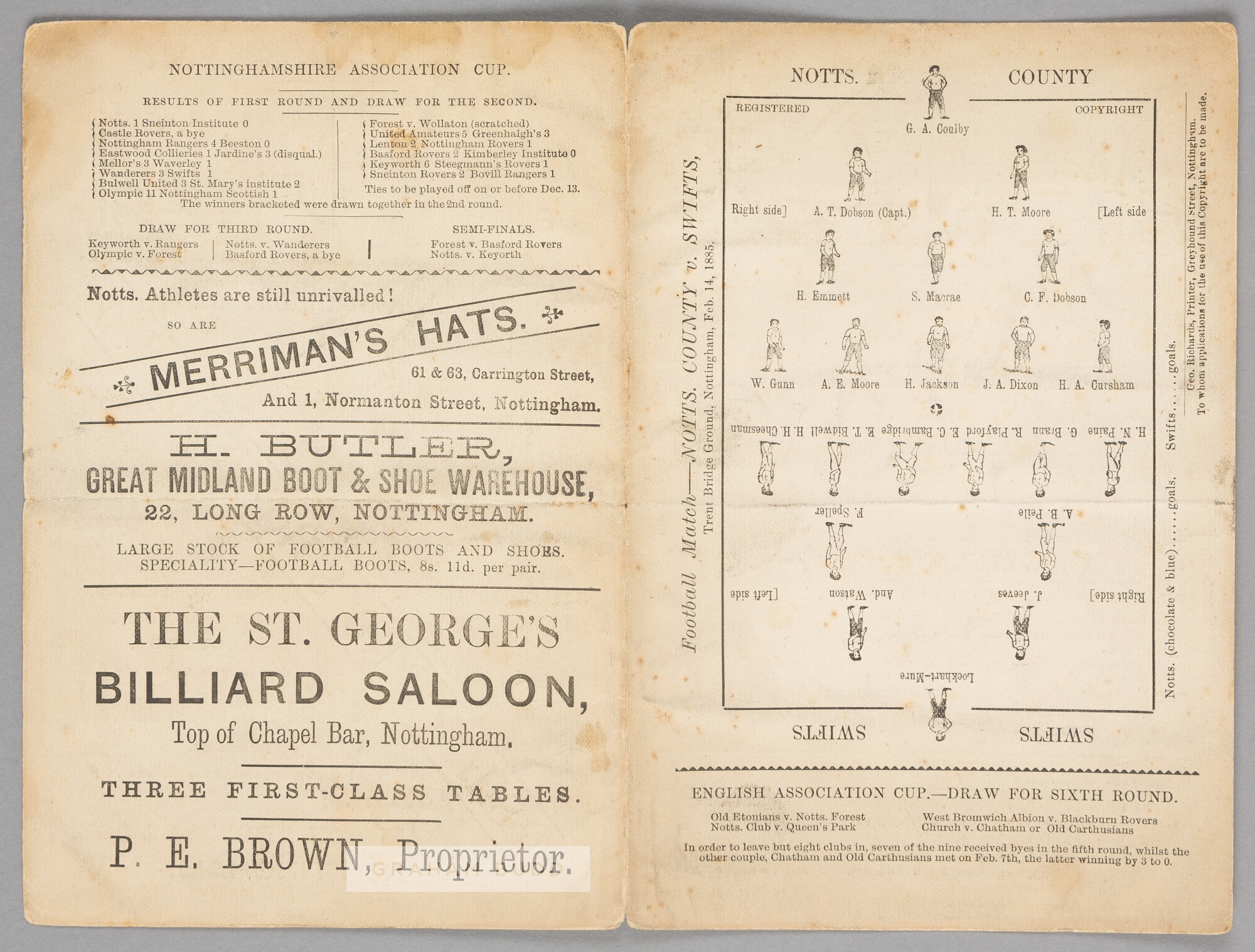 Notts County v Swifts FC (Slough) programme 14th February 1885, sold with a typescript copy of the