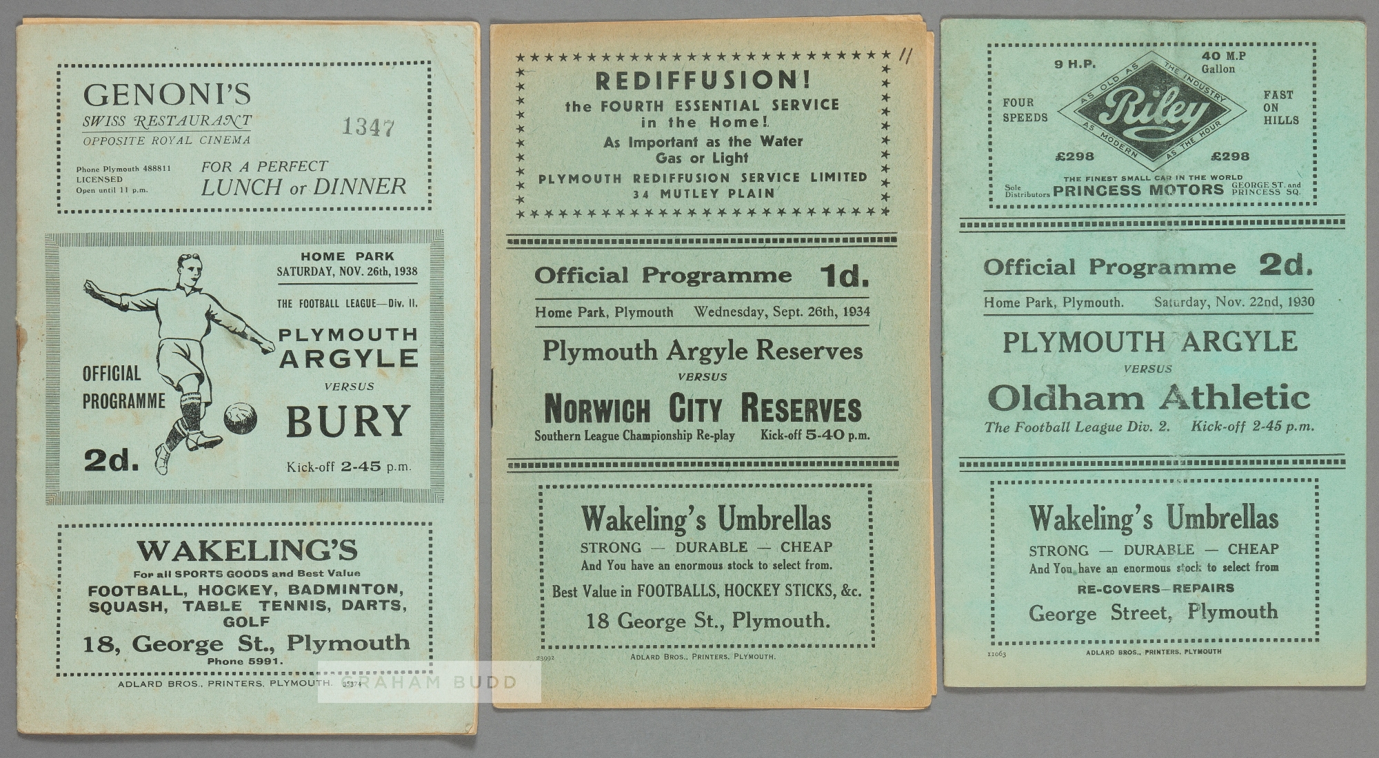 Three Plymouth Argyle 1930s home programmes, two F.L. Division Two matches v Oldham Athletic 22nd