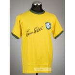 Edson Pele signed yellow Brazil retro jersey, Re-Take, short-sleeved with national emblem, signed in