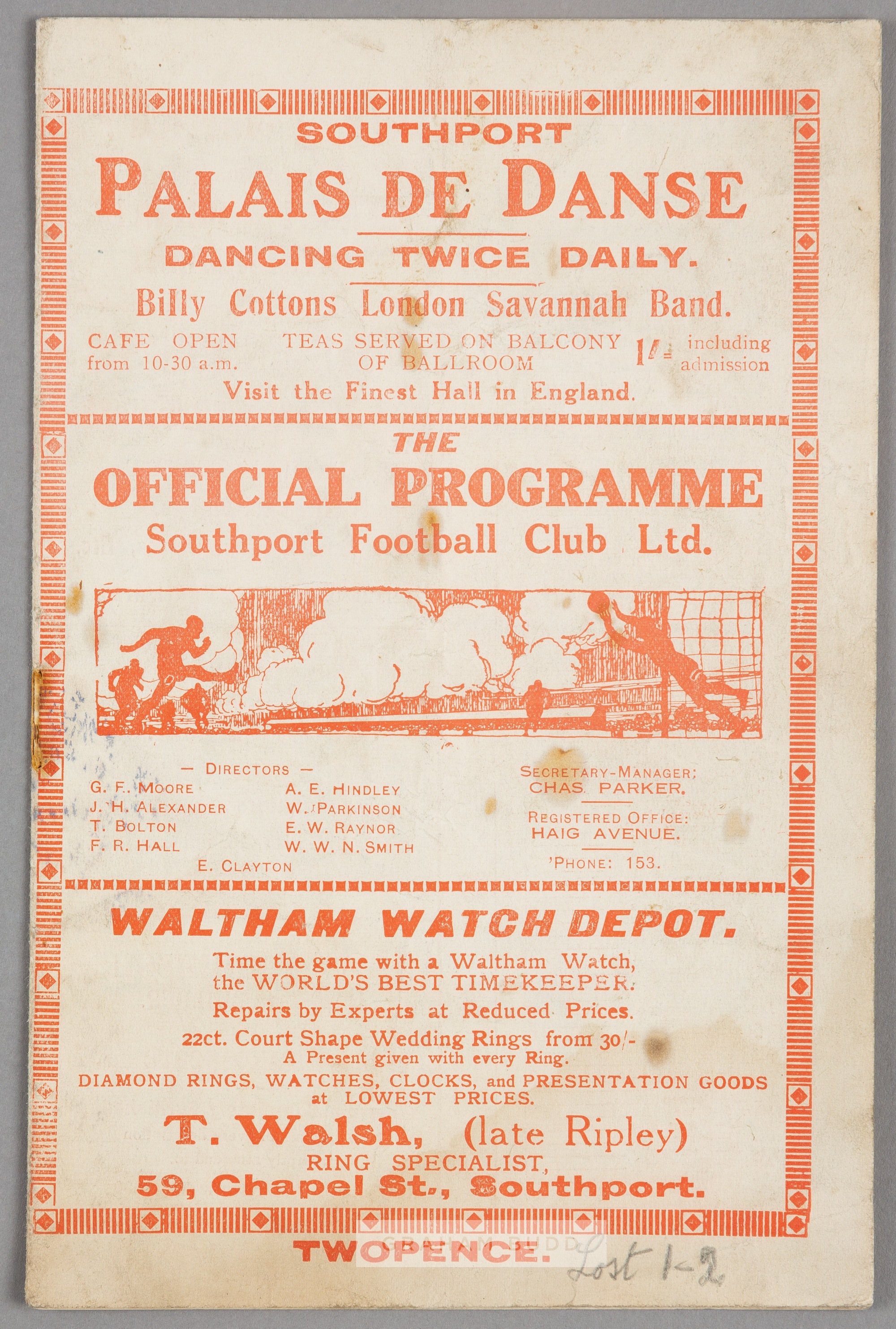 Southport v Bradford Park Avenue programme 20th November 1926, F.L. Division Three North fixture