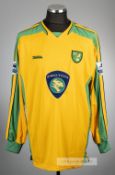 Keith Briggs yellow and green Norwich City no.2 home jersey, season 2003-04, Xara, long-sleeved with