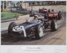 Stirling Moss signed "1961 Monaco Grand Prix" limited edition print by Michael Turner, depicting