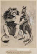 "The Big Three", England, Australia and The Cricketer drawing, circa 1921, pen, ink and