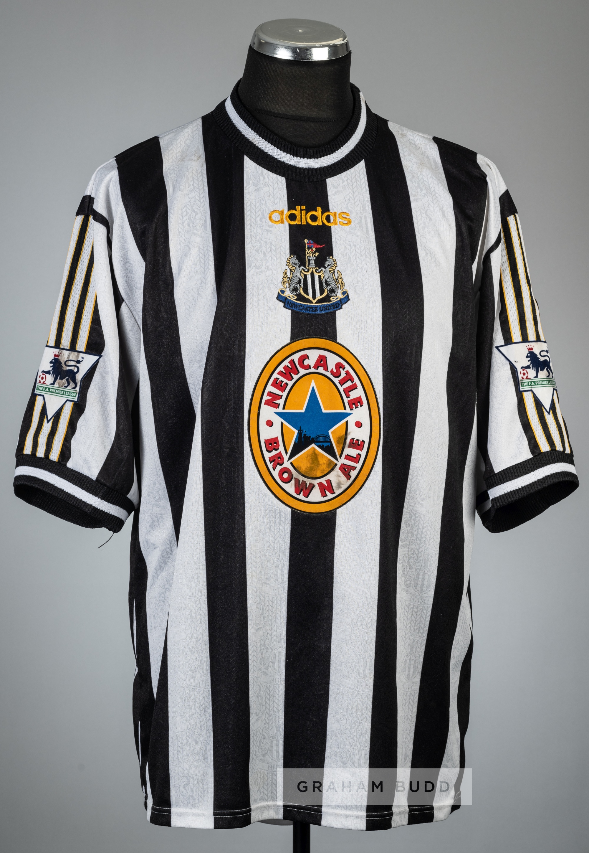 Alan Shearer black and white striped Newcastle United no.9 home jersey, season 1997-98, Adidas, - Image 2 of 2