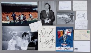 A collection of football autographs, single signatures on cad comprising Peter Broadbent, Len