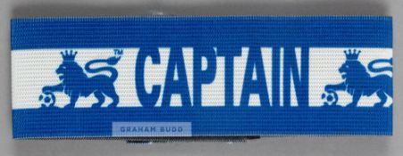 Arsenal's Patrick Vieira Captain's armband,  blue and white elasticated armband with CAPTAIN and two