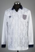 Carl Tiler white England U-21 no.6 home jersey 1990 or 1991 Umbro, long-sleeved with embroidered