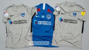 Three Portsmouth football jerseys, season 2019-20, comprising grey John Marquis no.10 away jersey,