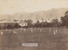 A rare and unusual photograph portraying a cricket match in Kobe, Japan, circa 1880, sepia tone 7.