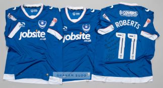 Three blue Portsmouth home jerseys, season 2016-17, comprising signed and dedicated Gary Roberts