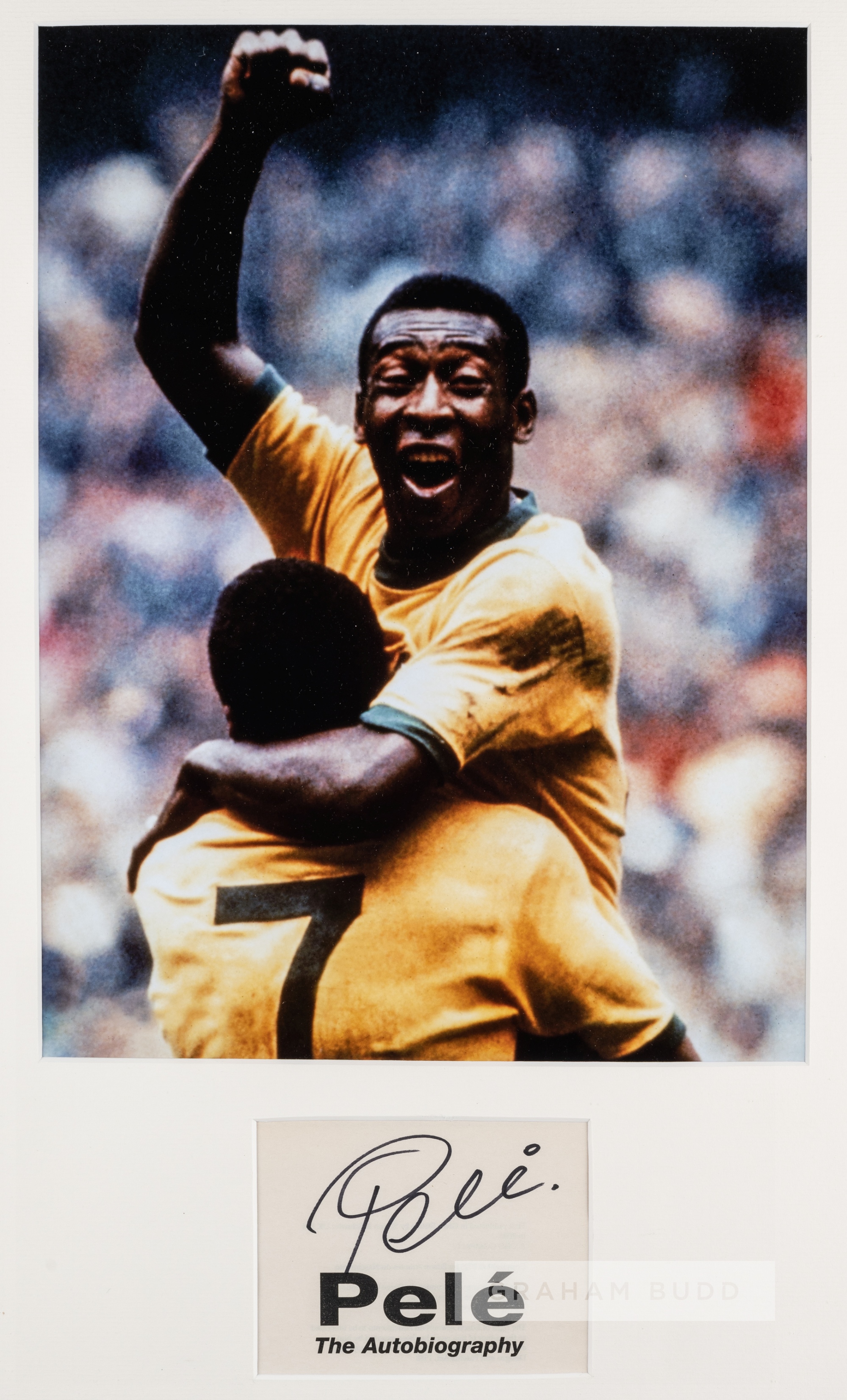 Pele signed photographic display, featuring a colour image of Pele celebrating mounted above a black