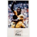 Pele signed photographic display, featuring a colour image of Pele celebrating mounted above a black