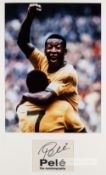 Pele signed photographic display, featuring a colour image of Pele celebrating mounted above a black