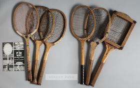 Six lawn tennis racquets, comprising TH Prosser & Sons fishtail concave wedge racquet, circa 1910,