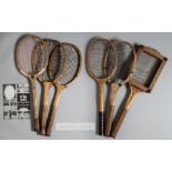 Six lawn tennis racquets, comprising TH Prosser & Sons fishtail concave wedge racquet, circa 1910,