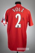 Moritz Volz signed red and white Fulham no.2 away jersey, season 2005-06, Puma, short-sleeved with