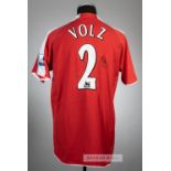 Moritz Volz signed red and white Fulham no.2 away jersey, season 2005-06, Puma, short-sleeved with