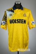 Jurgen Klinsmann yellow Tottenham Hotspur no.18 third choice jersey, season 1994-95, Umbro, short-