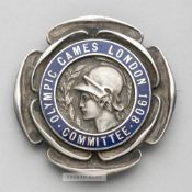 London 1908 Olympic Games Committee member's badge, silvered bronze and blue enamel with central