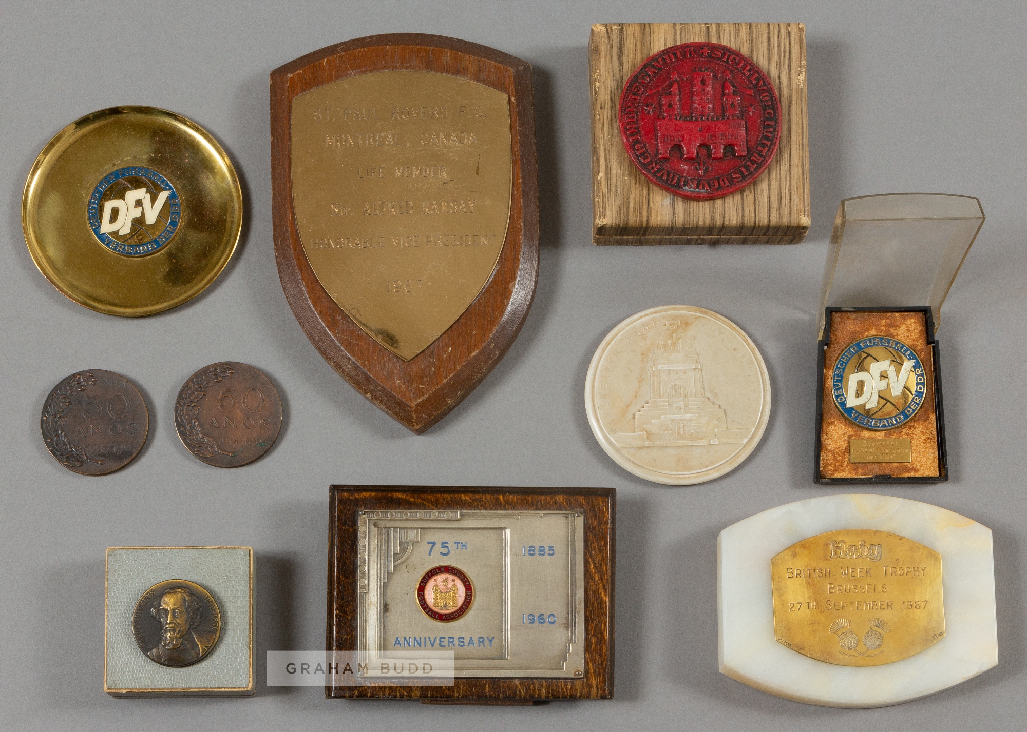 A group of medals, plaques and related items originally owned by Sir Alf Ramsey, issues, some cased,