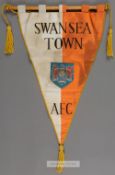 Swansea Town match pennant, large pennant on wooden hanging pole with gold trimming, the pennant