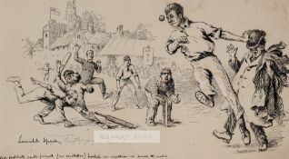 Lancelot Speed (British, 1860-1931) cricket match drawing titled "Our football centre forward (no