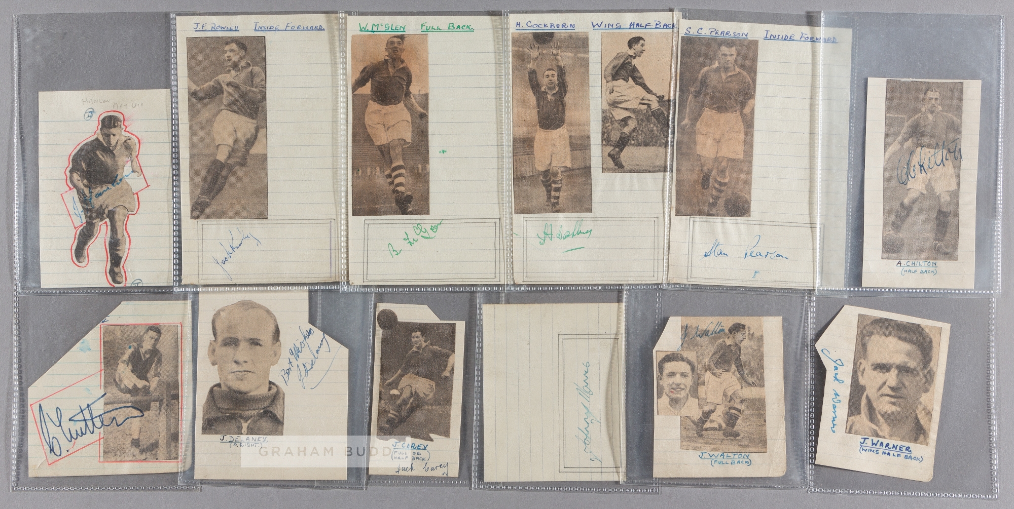 Manchester United autographs 1946 rare collection on newspaper, cut-out to backing paper signed in
