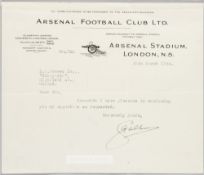 ARSENAL FC GEORGE ALLISON 1934 AUTOGRAPH LETTER ON ARSENAL EMBOSSED LETTERHEAD George Frederick