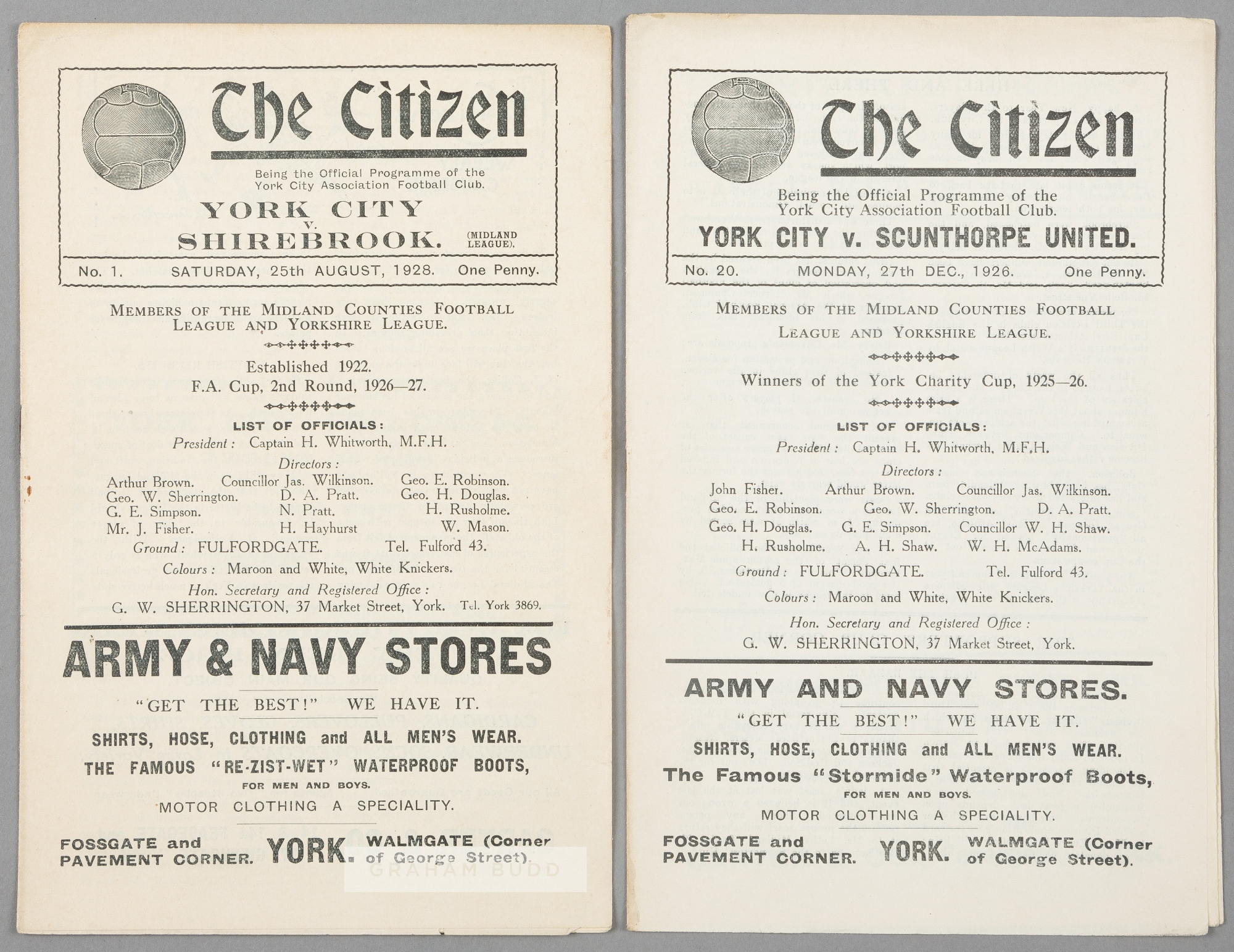 Two York City home programmes, Midland League fixtures, v Scunthorpe United 27th December 1926 and