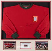 Eusebio signed Portugal World Cup 1966 retro jersey display, comprising red jersey with national