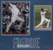 ANDREW ‘FREDDIE’ FLINTOFF AUTOGRAPHED PHOTOGRAPH MOUNTED DISPLAY COMPRISING TWO COLOUR PHOTOGRAPHS