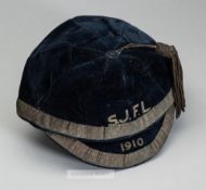 Scottish Junior Football League representative cap, 1910, navy velvet cap with gilt braiding and