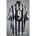 Alan Shearer black and white striped Newcastle United no.9 home jersey, season 1997-98, Adidas,