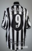 Alan Shearer black and white striped Newcastle United no.9 home jersey, season 1997-98, Adidas,