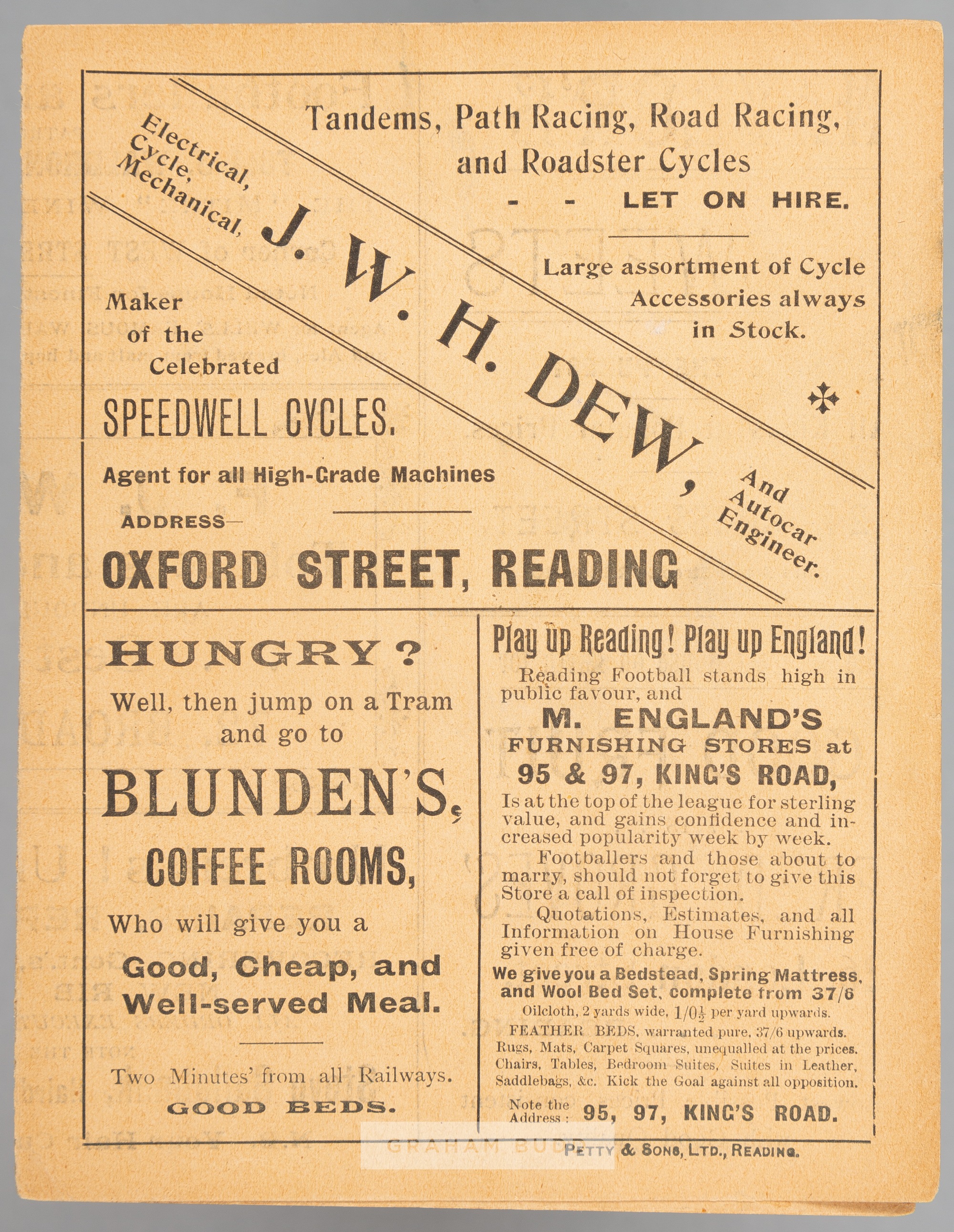 Reading v New Brompton programme 5th February 1898. Southern F.L. Division One fixture