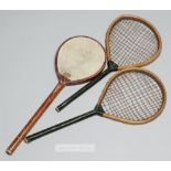 Pair of tennis play racquets, circa 1880, 48 by 20cm; sold together with a rare battledore,