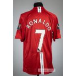 Cristiano Ronaldo red Manchester United no.7 home jersey, season 2007-08, Nike, short-sleeved with